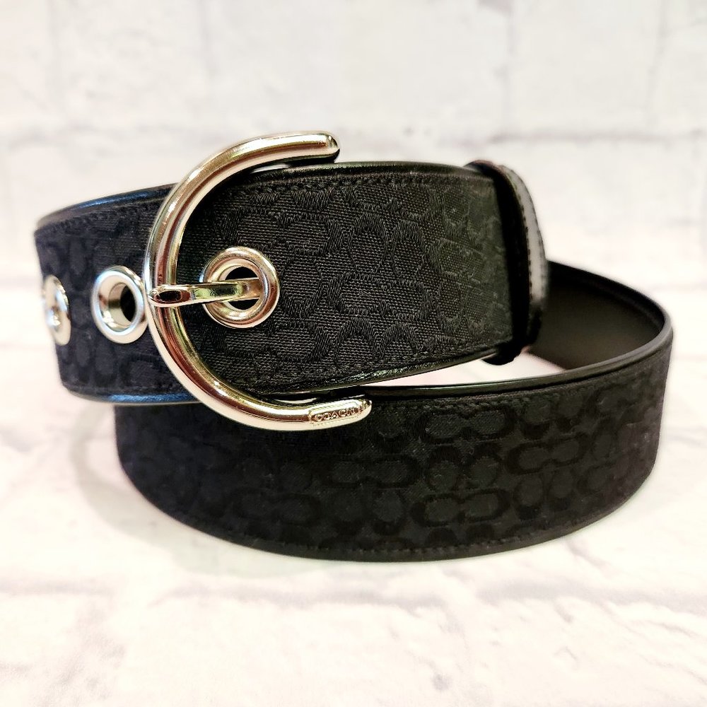 COACH Signature Monogram Canvas & Leather Belt Black